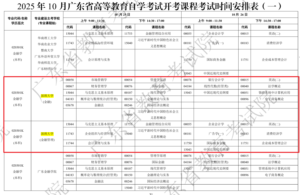 深圳大学自学考试科目时间安排1